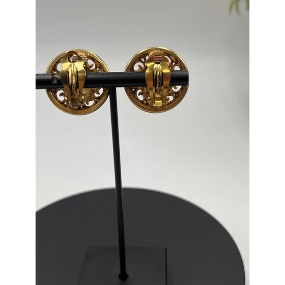 Oscar de la Renta Vintage Signed  Gold Tone Logo Pave Crystal Button Earrings - Picture 4 of 9